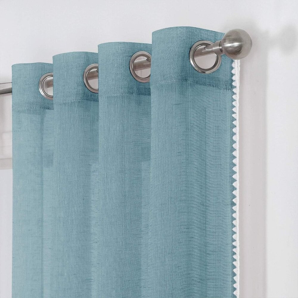 Sheer Linen Curtains with Border Semi-Sheer Drap - 4 Panels Turq